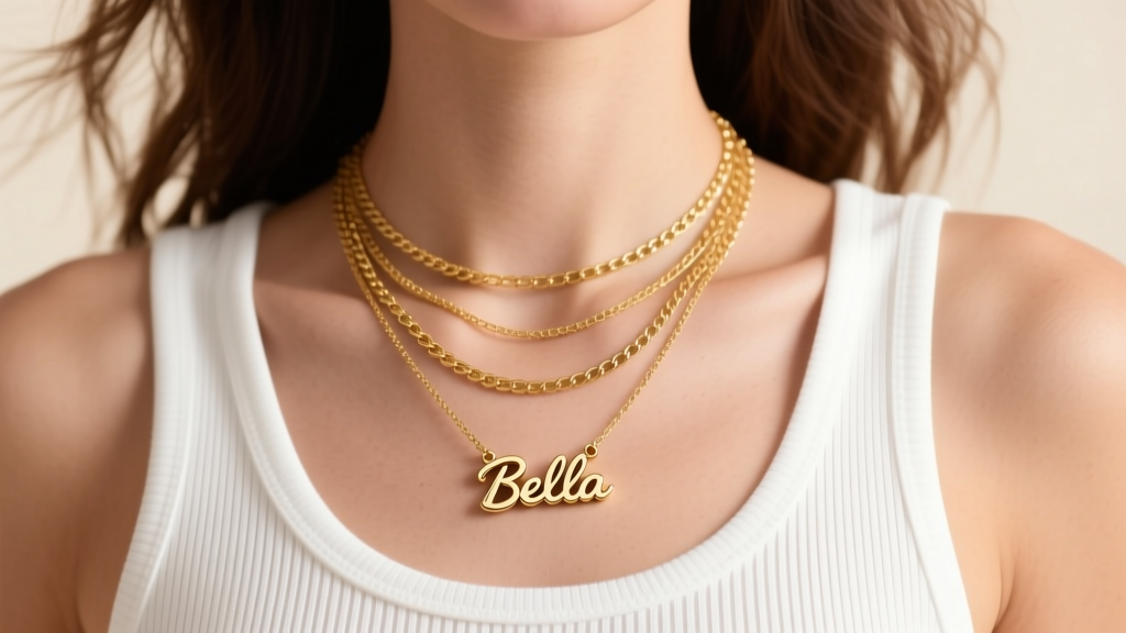 Close-up of a model wearing a layered 14k gold necklace stack with a cursive Bella nameplate pendant on a white ribbed tank top