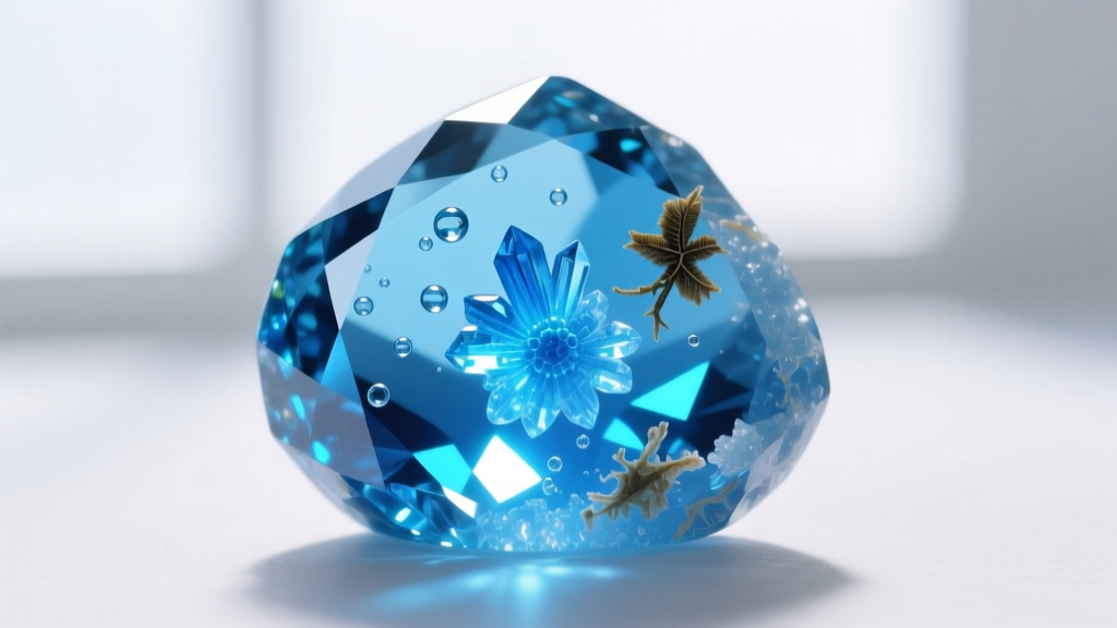 Macro photography of a raw Dominican blue amber nugget showing natural inclusions and a bright fluorescent blue surface reflect.