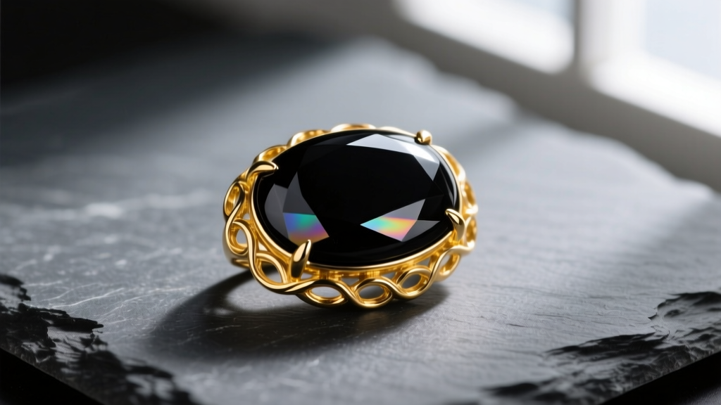 Macro shot of a polished black onyx cabochon set in an 18k yellow gold bezel necklace resting on dark gray slate