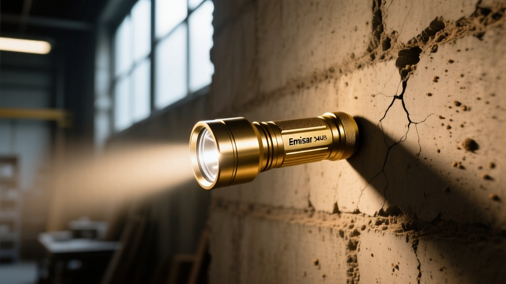 Close-up of a brass Emisar D4V2.5 flashlight emitting a warm flood beam onto a textured concrete wall in a dimly lit workshop