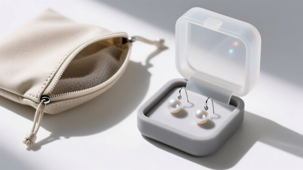 Anti-tarnish bags and silicone-lined jewelry box storing delicate pearl drop earrings, photographed from a high top-down angle