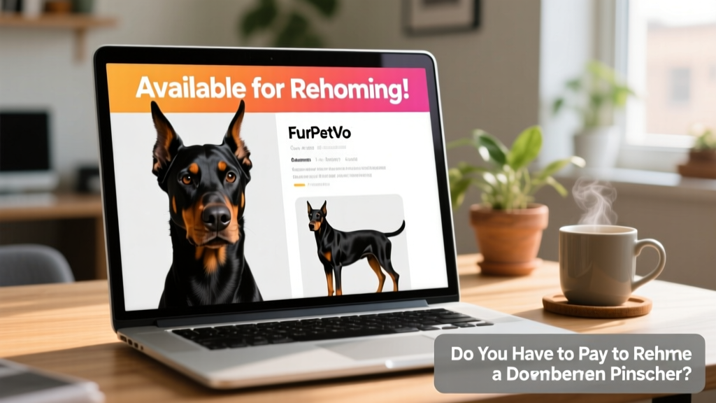 A clean, modern laptop screen showing a FurPetVo profile page for a Doberman Pinscher, with high-quality photos and 'Available for Rehoming' banner