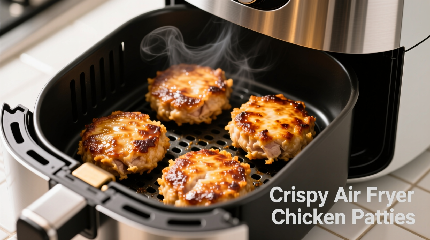 Golden brown chicken patties in air fryer basket