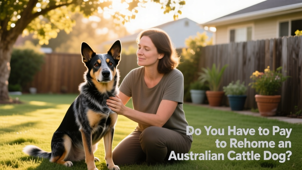Australian Cattle Dog sitting attentively beside a calm, caring owner in a sunlit backyard