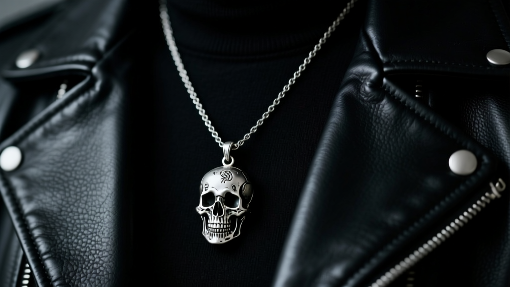 Oxidized silver All Saints necklace with a skull pendant on a black leather jacket lapel under moody studio lighting