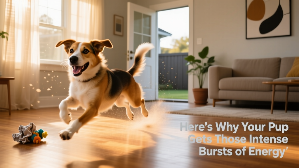 A joyful dog mid-zoom, running in a blur across a sunlit living room floor