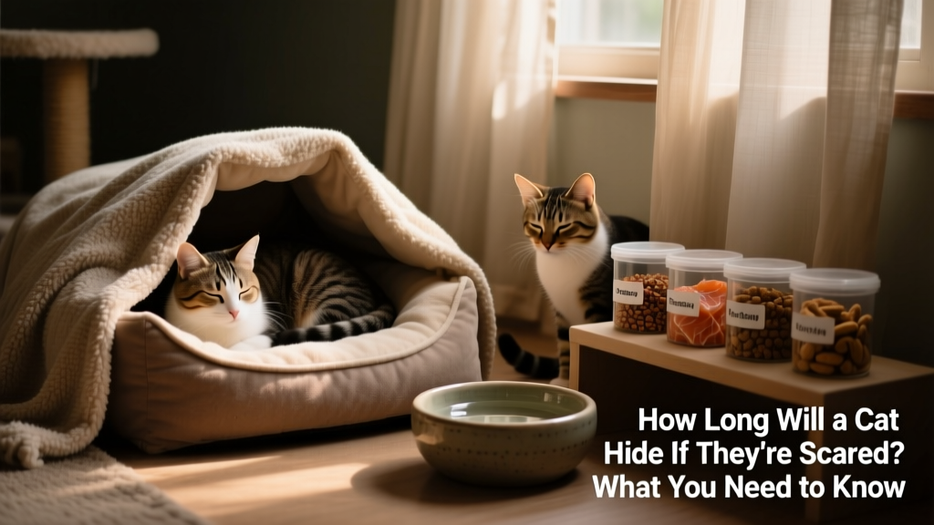 A cozy, low-lit cat sanctuary with a covered bed, soft blanket, water bowl, and nearby treat station
