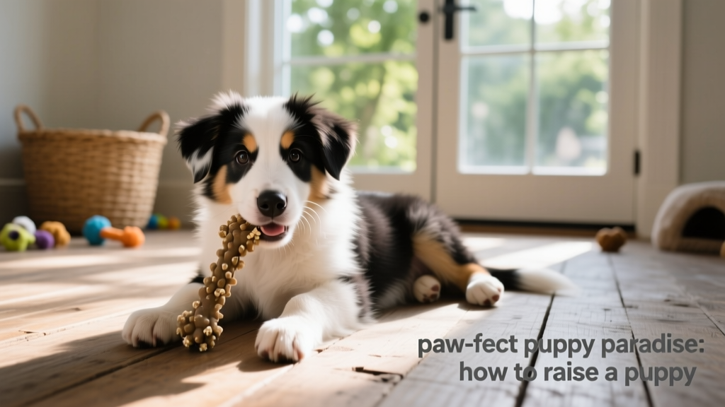 an Australian shepherd puppy lying on wooden flooring with a chew toy in its mouth