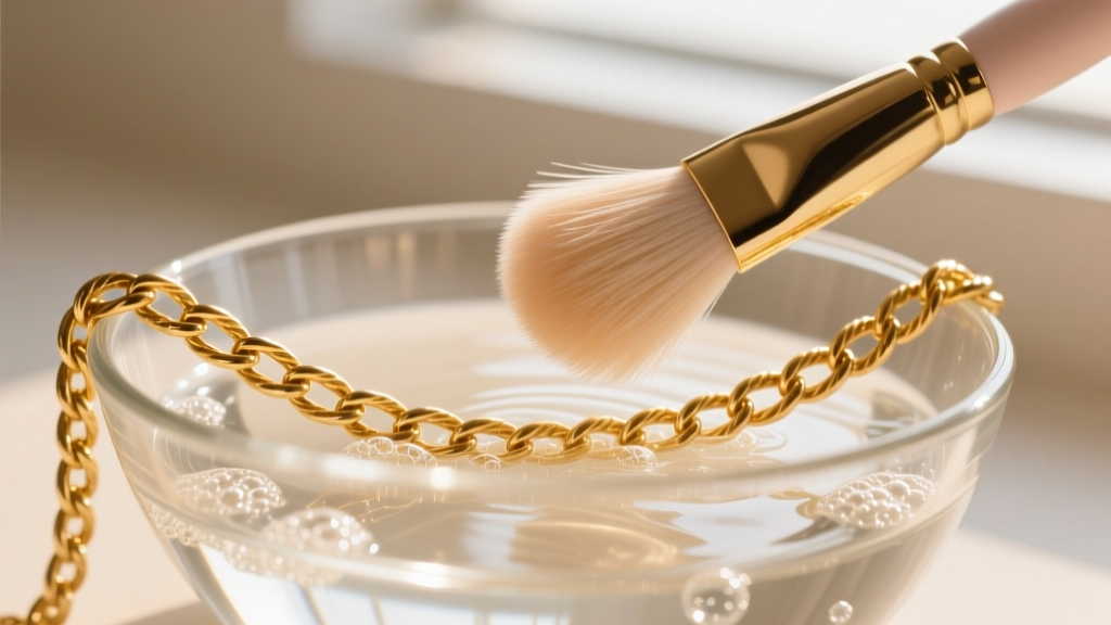 Close-up of a soft baby-hair brush gently cleaning a 24k gold rope chain submerged in a glass bowl of warm, soapy distilled water.