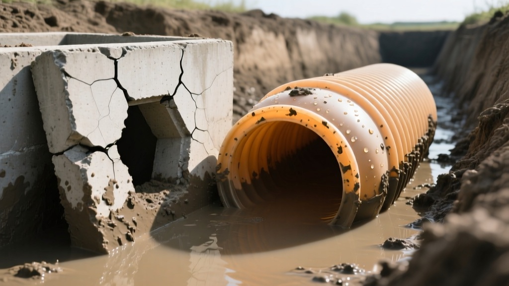 Cracked concrete septic tank baffle next to a ribbed polyethylene plastic tank with bulging sidewalls in a muddy trench