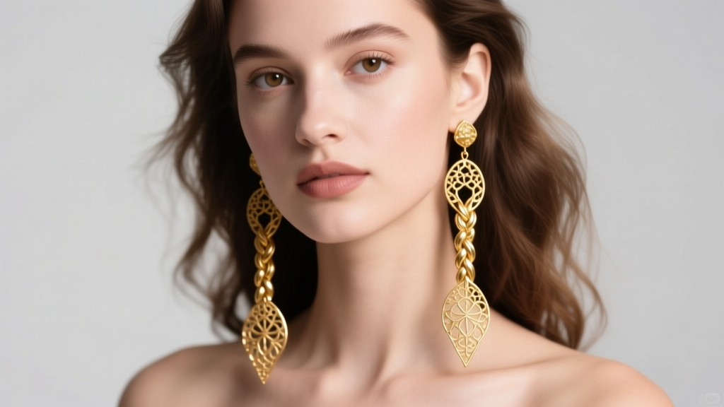Model wearing cascading gold Rapunzel earrings draping past her collarbone, featuring intricate braided metalwork in soft light