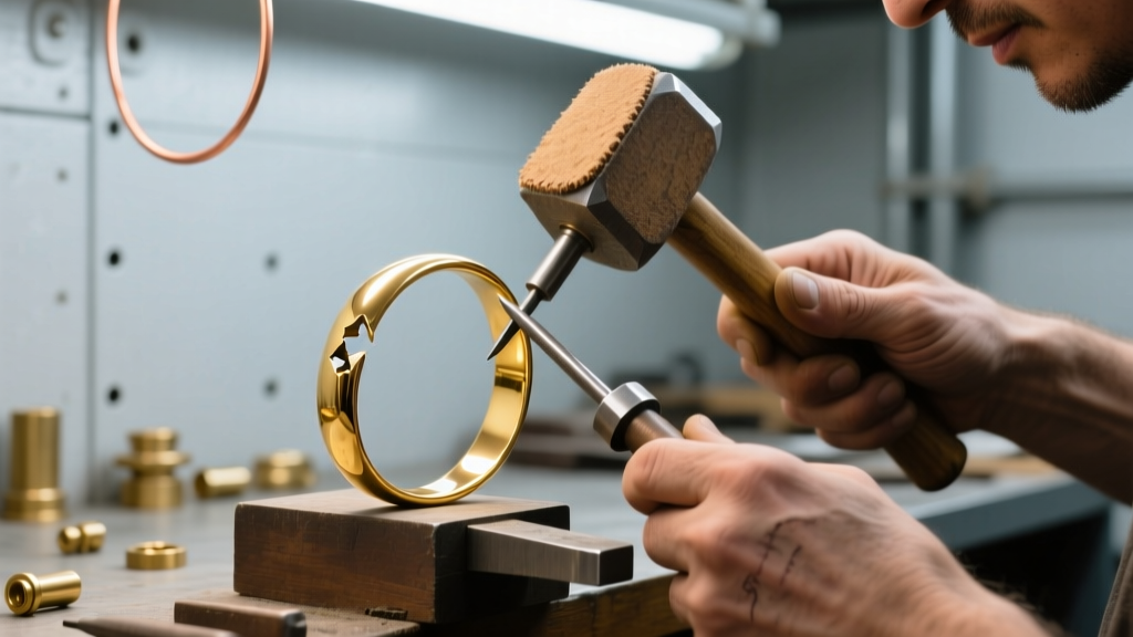 Jeweler using a steel mandrel and rawhide mallet to reshape a dented hollow light gold bangle under bright workshop lighting.