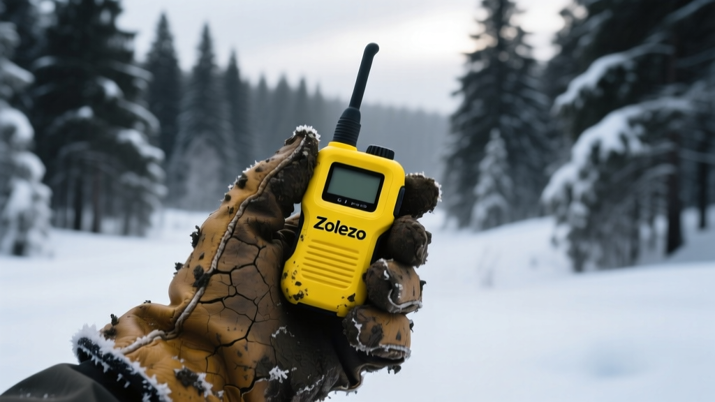 Muddy gloved hand holding a bright yellow Zoleo satellite communicator against a backdrop of heavy snowfall and dark evergreen trees