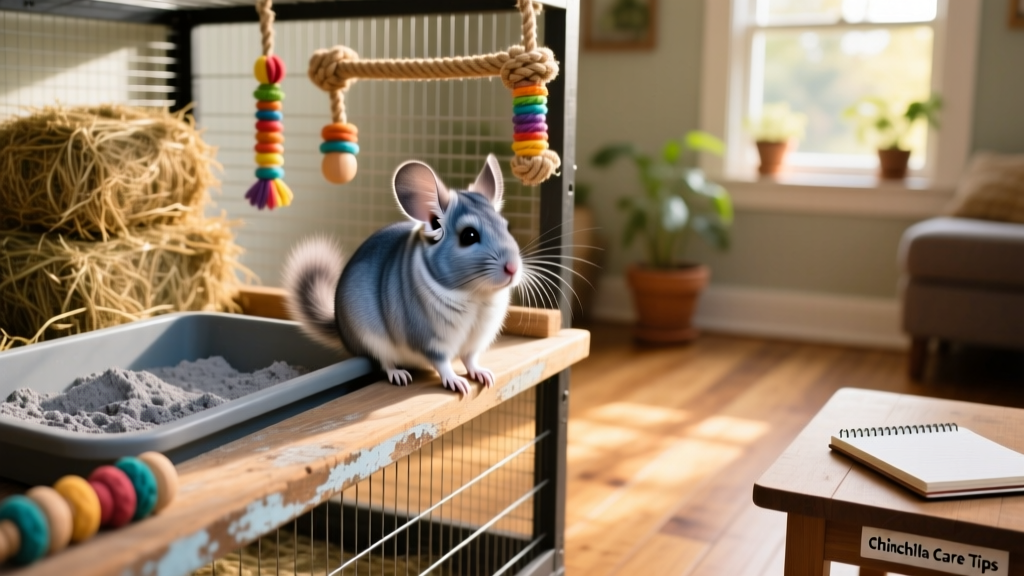 A chinchilla perched on a wooden shelf inside a spacious, well-equipped cage with hay, a dust bath tray, and chew toys