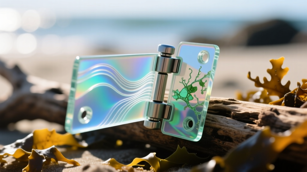 Macro shot of modular smart glass hinges made from recycled ocean plastics, highlighting the sustainable build of eco-friendly AR gadgets.
