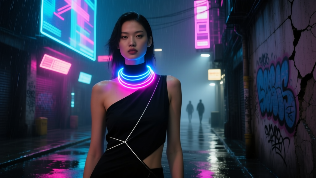 Model in an asymmetrical mock-neck top wearing a cascading EL wire LED necklace, standing in a neon-lit cyberpunk alleyway at night.