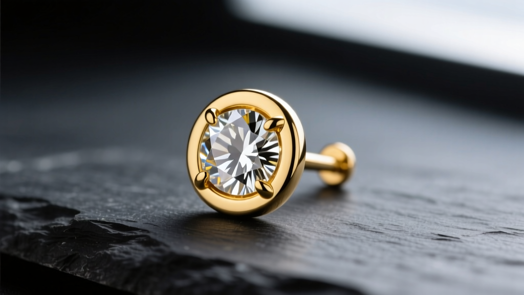 Macro shot of a 14k yellow gold bezel-set diamond stud on dark slate, highlighting polished metal and a secure low-profile backing