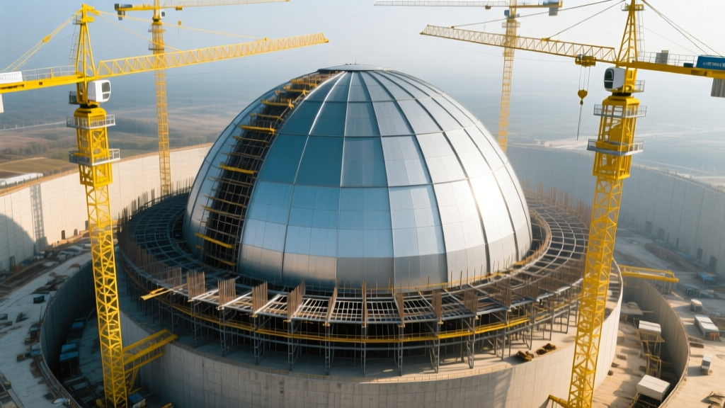Aerial view of a Gen III+ nuclear reactor containment dome under construction, surrounded by yellow tower cranes and steel rebar.