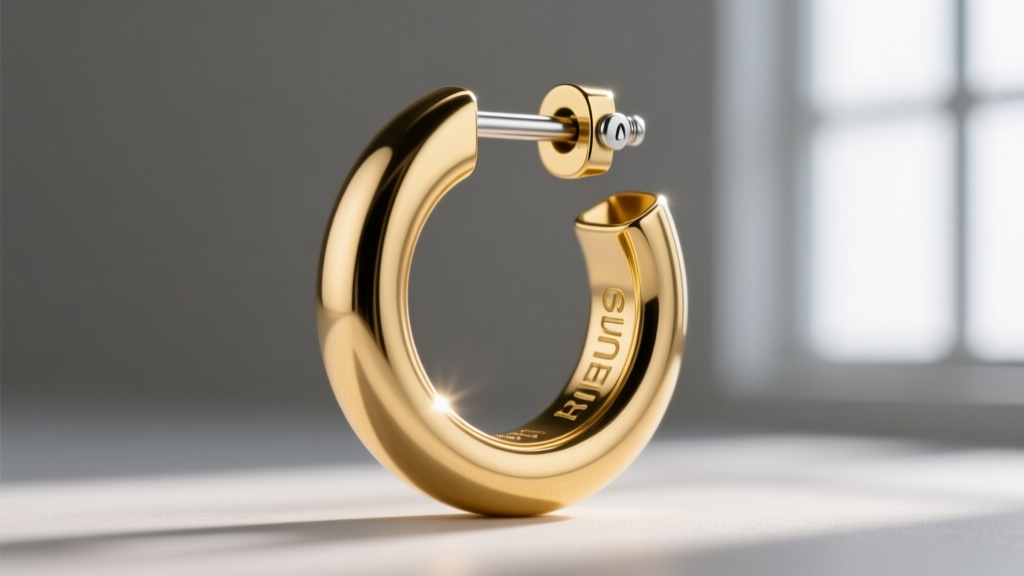 Macro photography of a gold-plated brass huggie earring highlighting the protective e-coating and a stamped sterling silver post