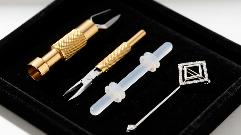 Overhead shot of jewelry tools including brass converter clasps, clear silicone adjusters, and a small silver brooch on dark velvet.