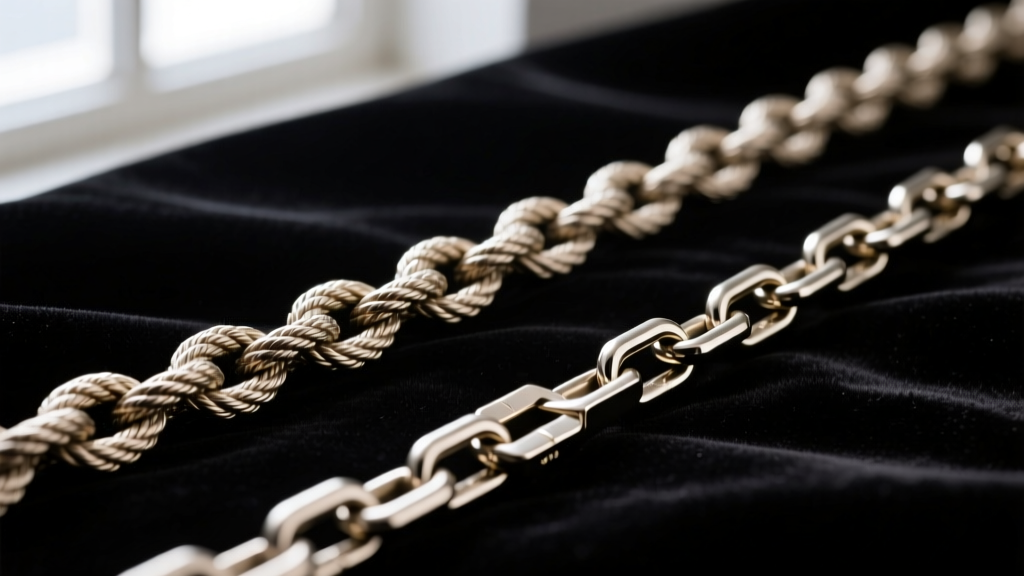 Macro shot of a 1.5mm rope chain and a smooth 1.2mm box chain on dark velvet highlighting their contrasting metal link textures