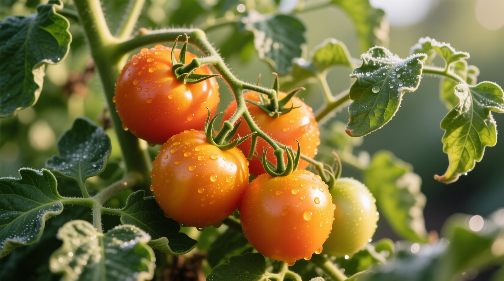 Golden-orange Sun Gold tomatoes on vine with green leaves