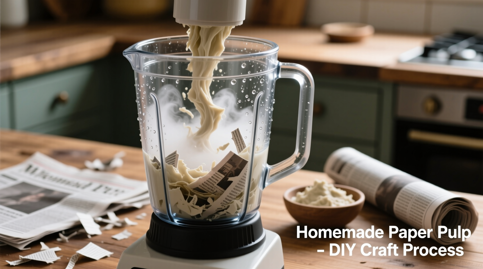 Homemade paper pulp in blender with shredded newspaper