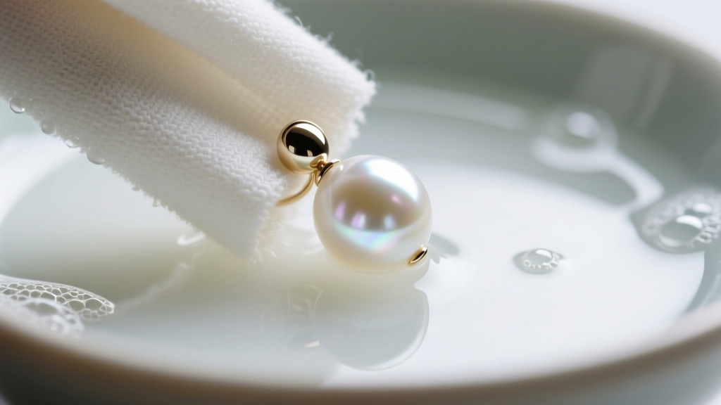 Microfiber cloth gently wiping a lustrous white shell pearl earring, with a bowl of mild soapy water blurred in the background.