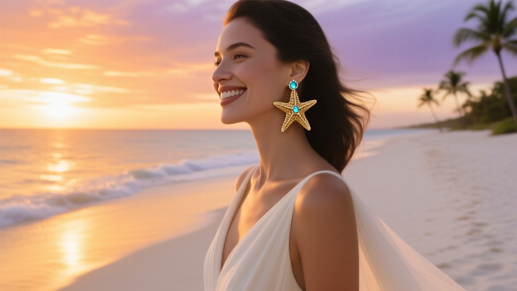 Woman wearing textured gold starfish earrings with pale blue aquamarine stones, smiling gracefully at a sunset beach wedding
