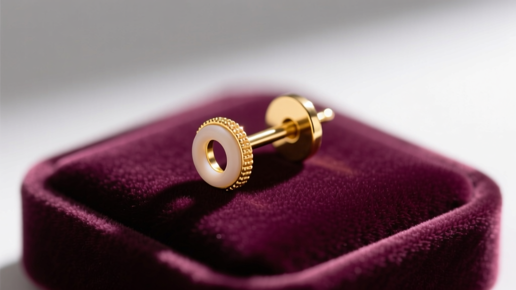 Macro shot of a 20-gauge gold vermeil earring post with a secure silicone O-ring back, resting on a velvet jewelry display pad.