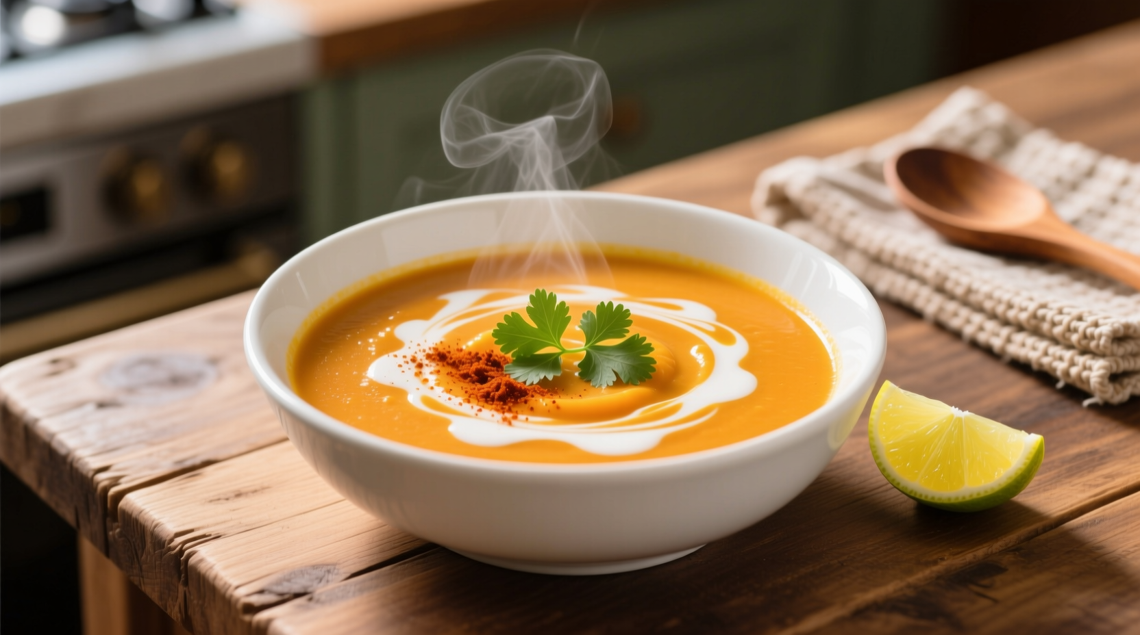 Creamy curried sweet potato soup in white bowl