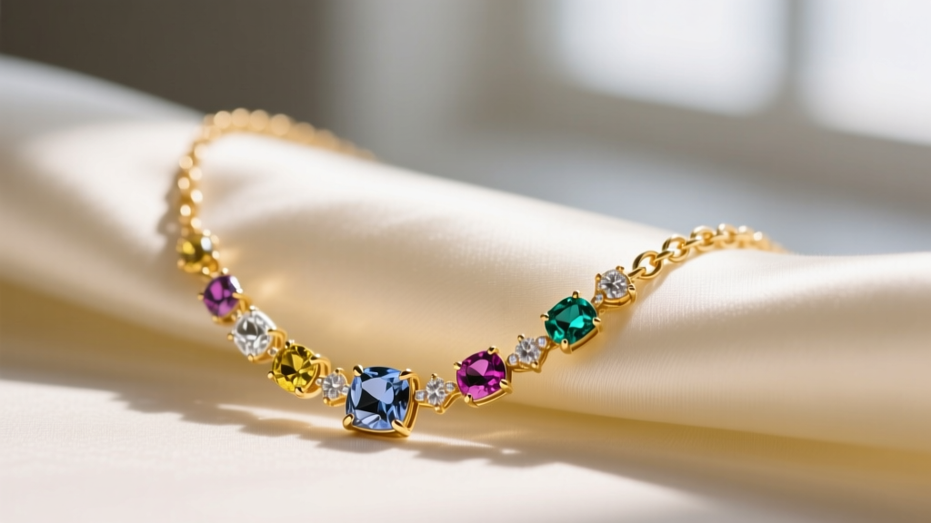 Close-up of a 14k yellow gold multi-stone birthstone necklace resting on cream silk fabric with soft natural window lighting