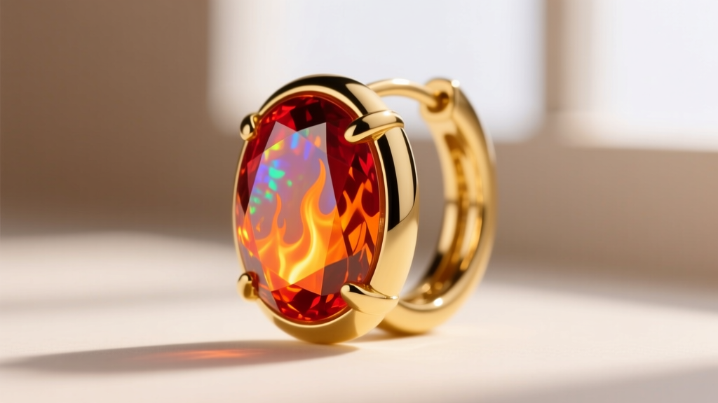 Close-up of a bezel-set fire opal huggie earring in yellow gold highlighting the stone