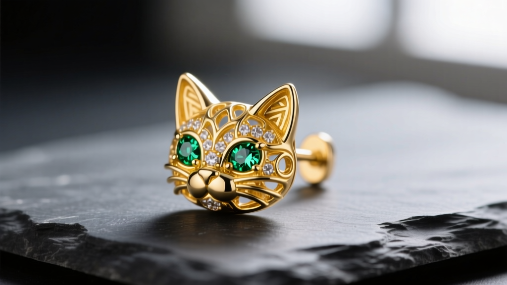 Macro photography of an 18k yellow gold cat earring with tiny tsavorite gemstone eyes, resting on dark slate, sharp focus