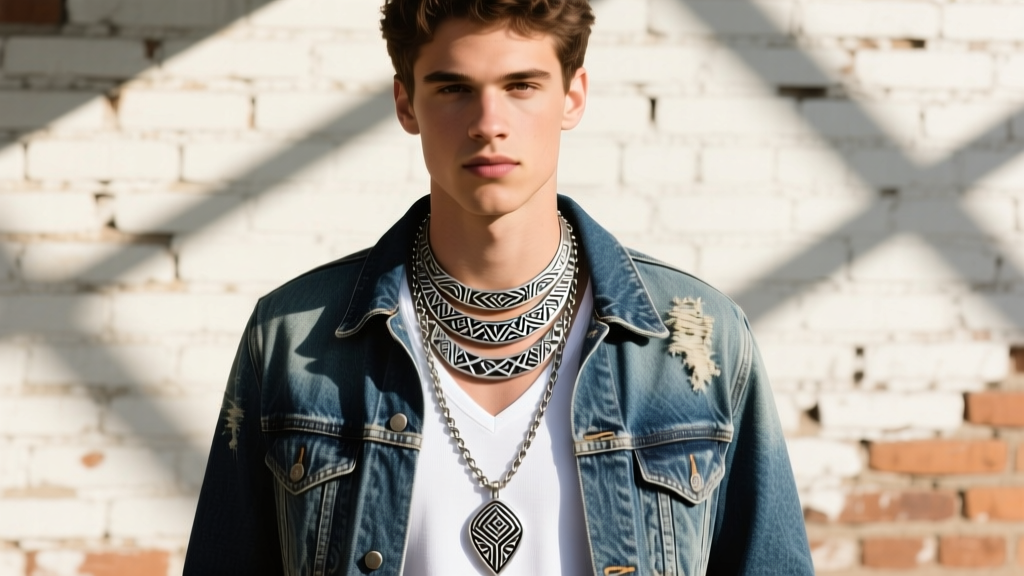 Man in vintage denim jacket and white v-neck t-shirt showcasing a layered silver tribal necklace setup in bright natural sunlight