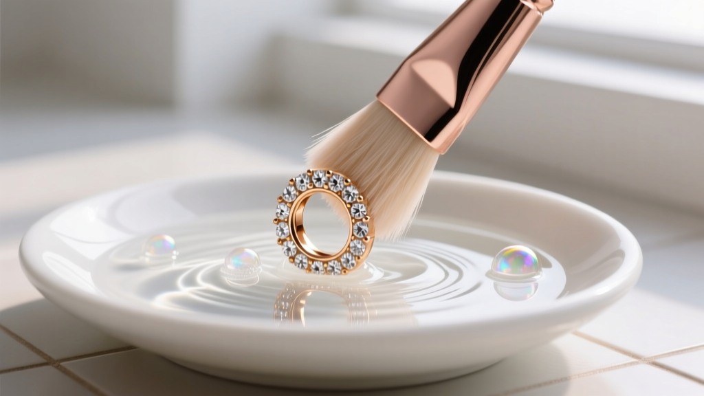 Soft-bristled brush gently scrubbing the diamond-paved nail head of an 18k rose gold earring submerged in soapy distilled water.