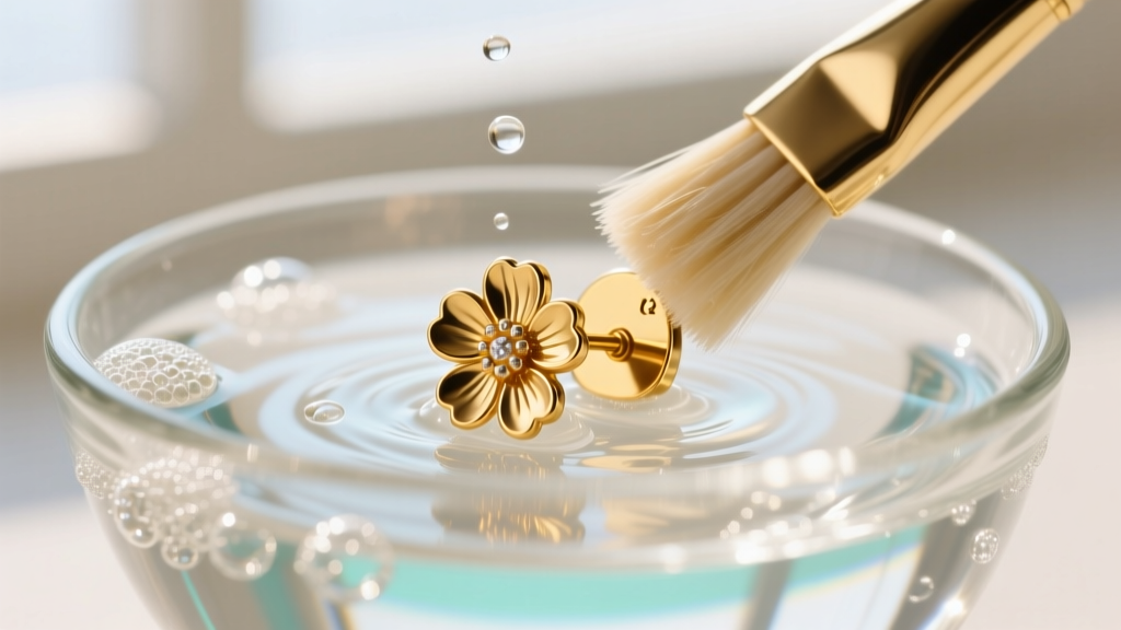 A soft brush gently cleans the backplate of a 12mm gold floral stud earring submerged in soapy water inside a clear glass bowl.