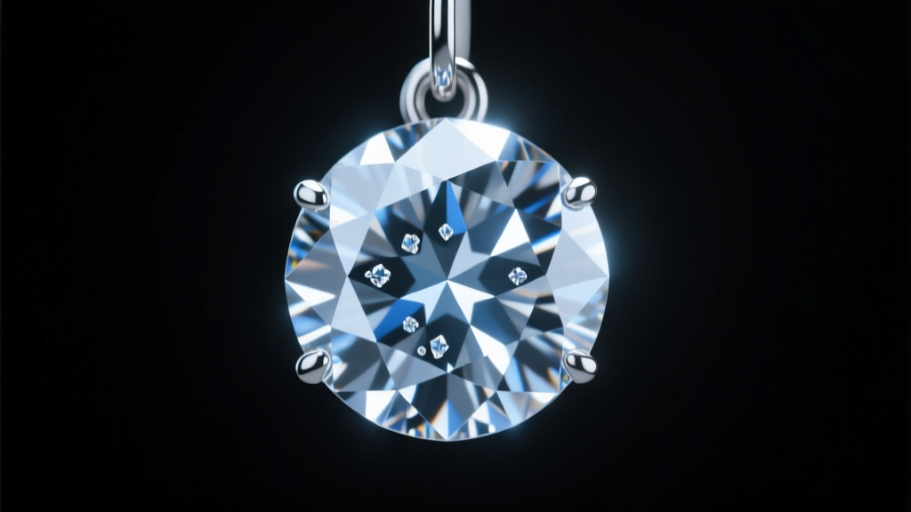 Macro shot of a round diamond earring showing sharp facet edges and tiny inclusions under bright, focused studio lighting setup.