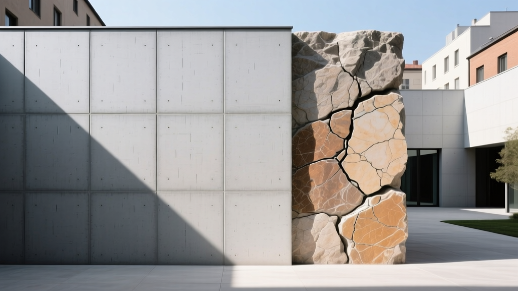 Exterior wall split showing smooth architectural precast concrete panels on the left and rough natural limestone on the right