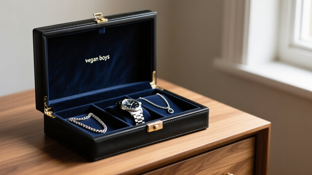 Open black vegan leather boys jewelry box on an oak dresser, displaying velvet trays holding silver chains and a steel watch.