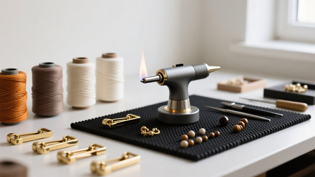 Jewelry workspace with spools of waxed hemp cord, brass sliding clasps, a dark bead mat, and a specialized thread burner tool