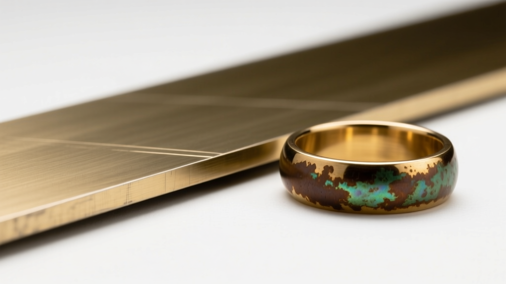 Raw C46400 naval brass sheet metal beside a finished oxidized brass ring, photographed under bright, neutral studio lighting.