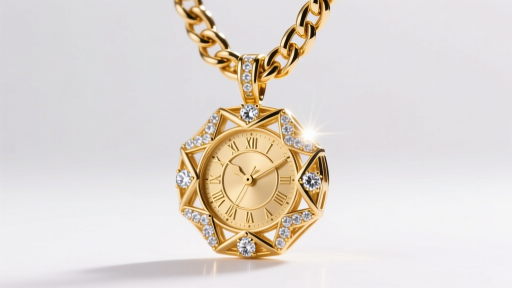 Close-up of a heavy iced-out gold clock pendant on a thick Cuban link chain, studio lighting highlighting the diamond setting