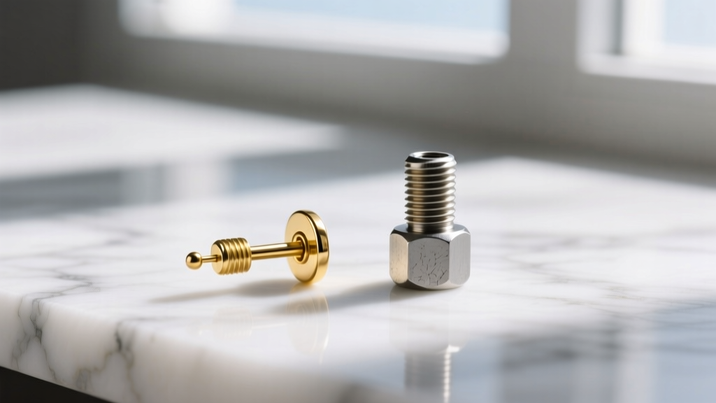 Macro shot of a thin 20-gauge gold earring post beside a thicker 16-gauge steel post, showing size differences on white marble.