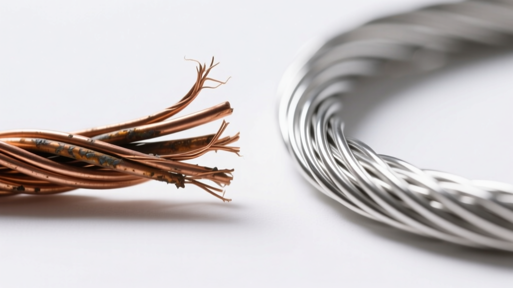 Macro shot comparing frayed 7-strand wire next to smooth 49-strand stainless steel beading wire with a clear nylon coating.