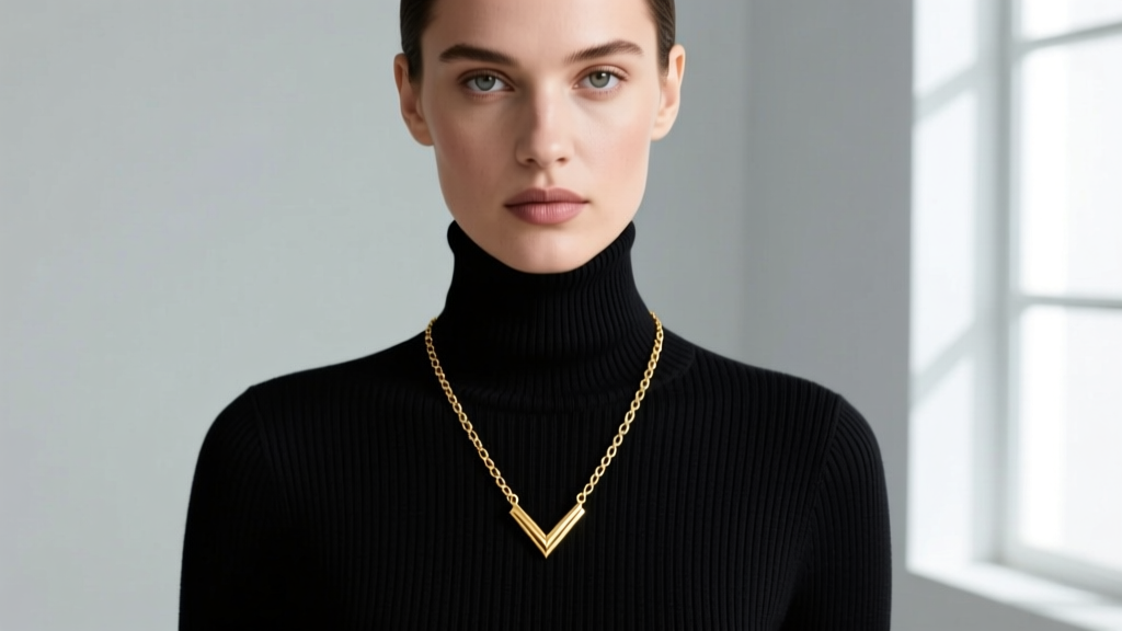 Model wearing a 1.5mm gold box chain with a small 14k gold chevron moustache pendant resting on a black ribbed turtleneck sweater.