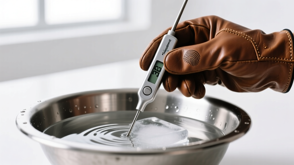 Leather-gloved hands performing an ice-water bath calibration test on a 304 stainless steel Thermapen probe inside a metal prep bowl.