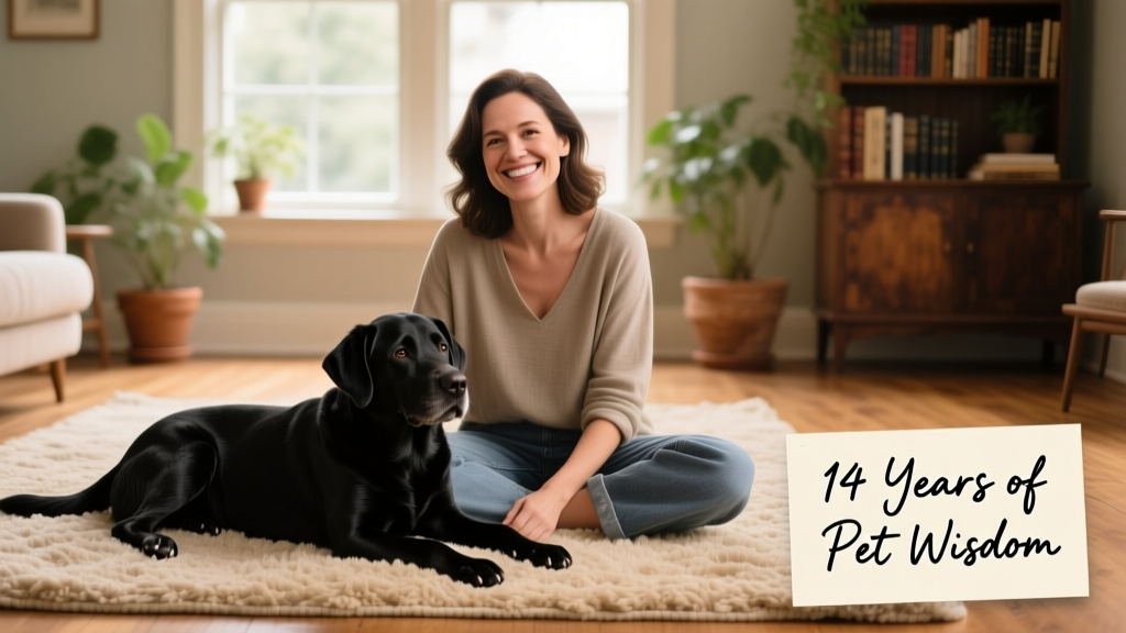 Smiling sitter seated beside a relaxed black dog on a cozy rug