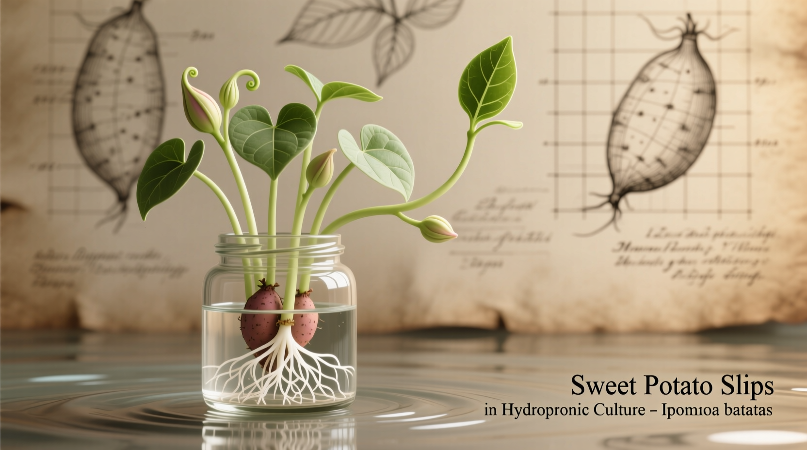 Sweet potato slips growing in water