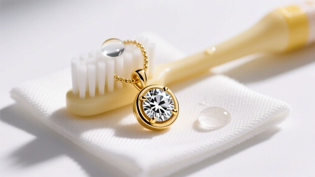 Overhead view of a soft-bristled baby toothbrush gently scrubbing a 14k yellow gold Effy diamond pendant on a microfiber cloth